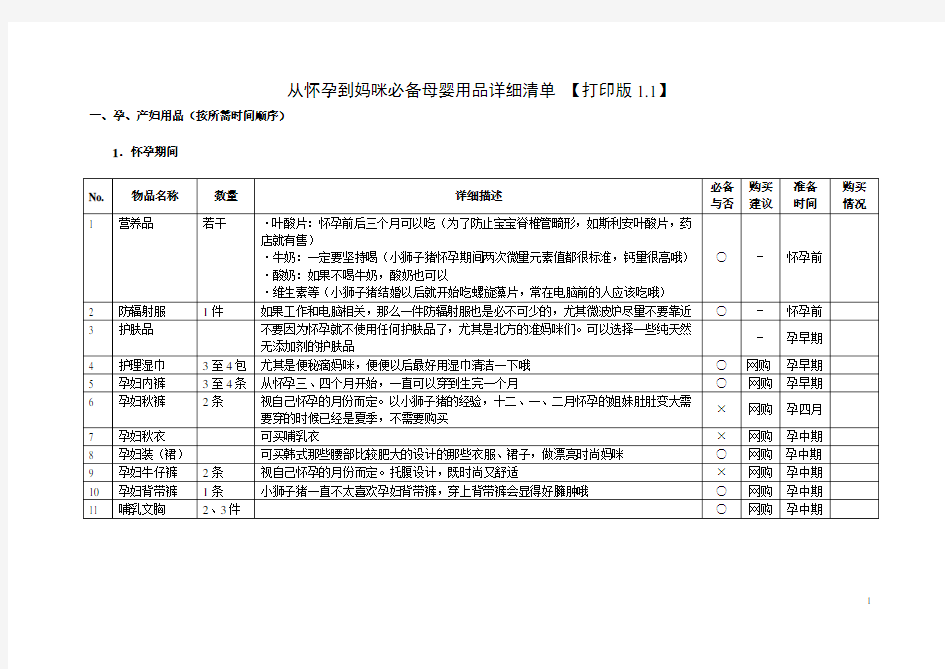 母婴用品详细清单