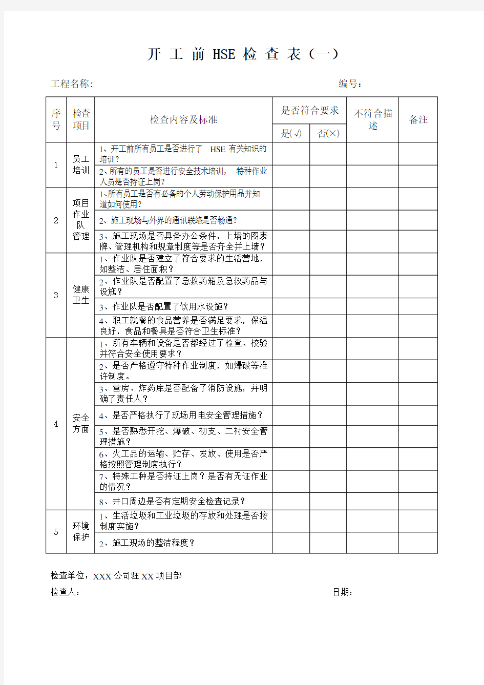 HSE 检查表