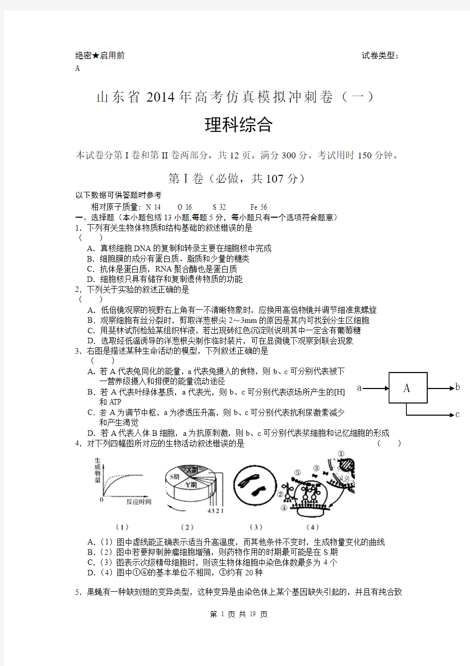 山东省2014年高考仿真模拟冲刺卷(一)理综试题