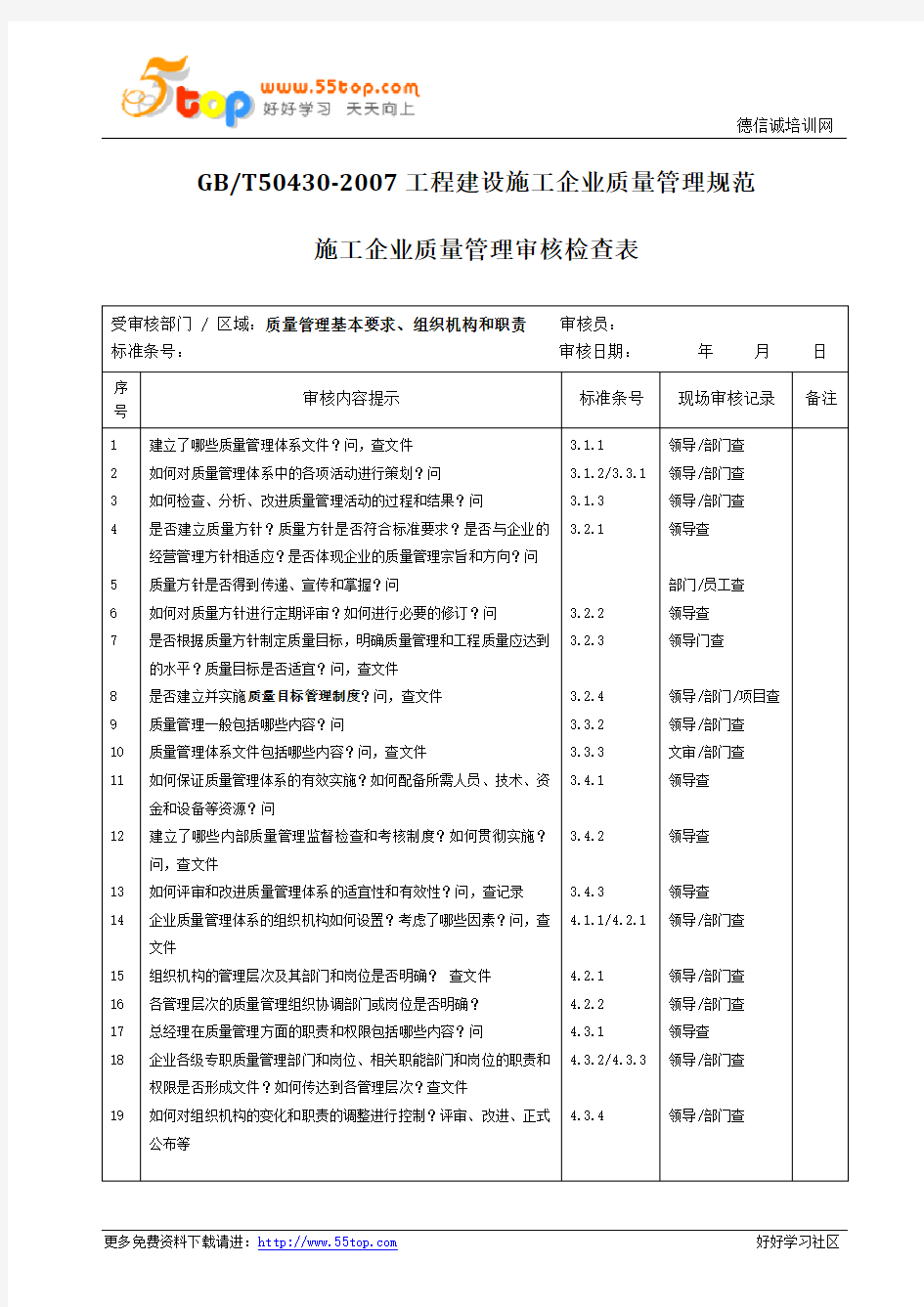 gb50430-2007施工企业质量管理审核检查表