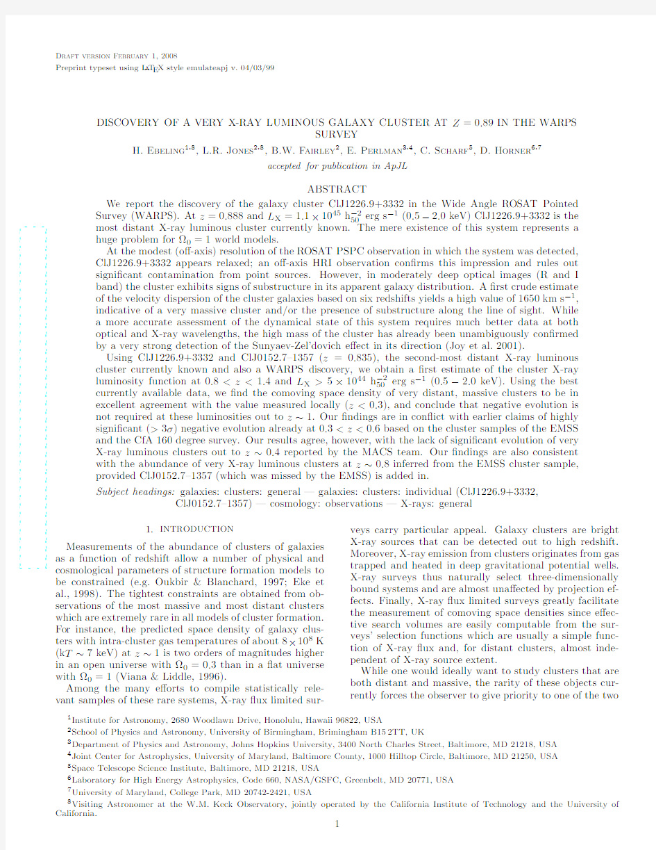 Discovery of a very X-ray luminous galaxy cluster at z=0.89 in the WARPS survey