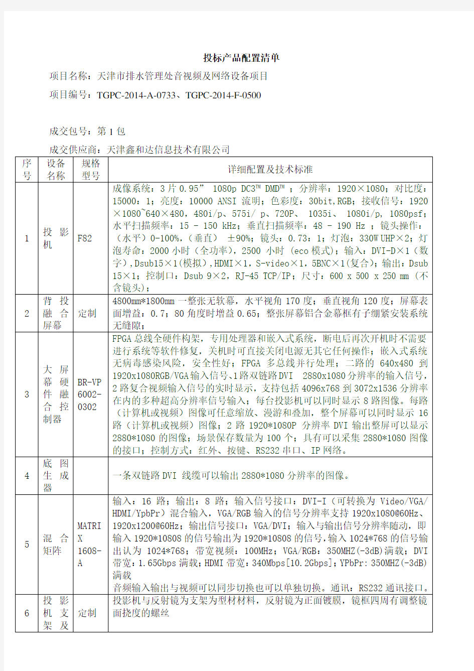 投标产品配置清单