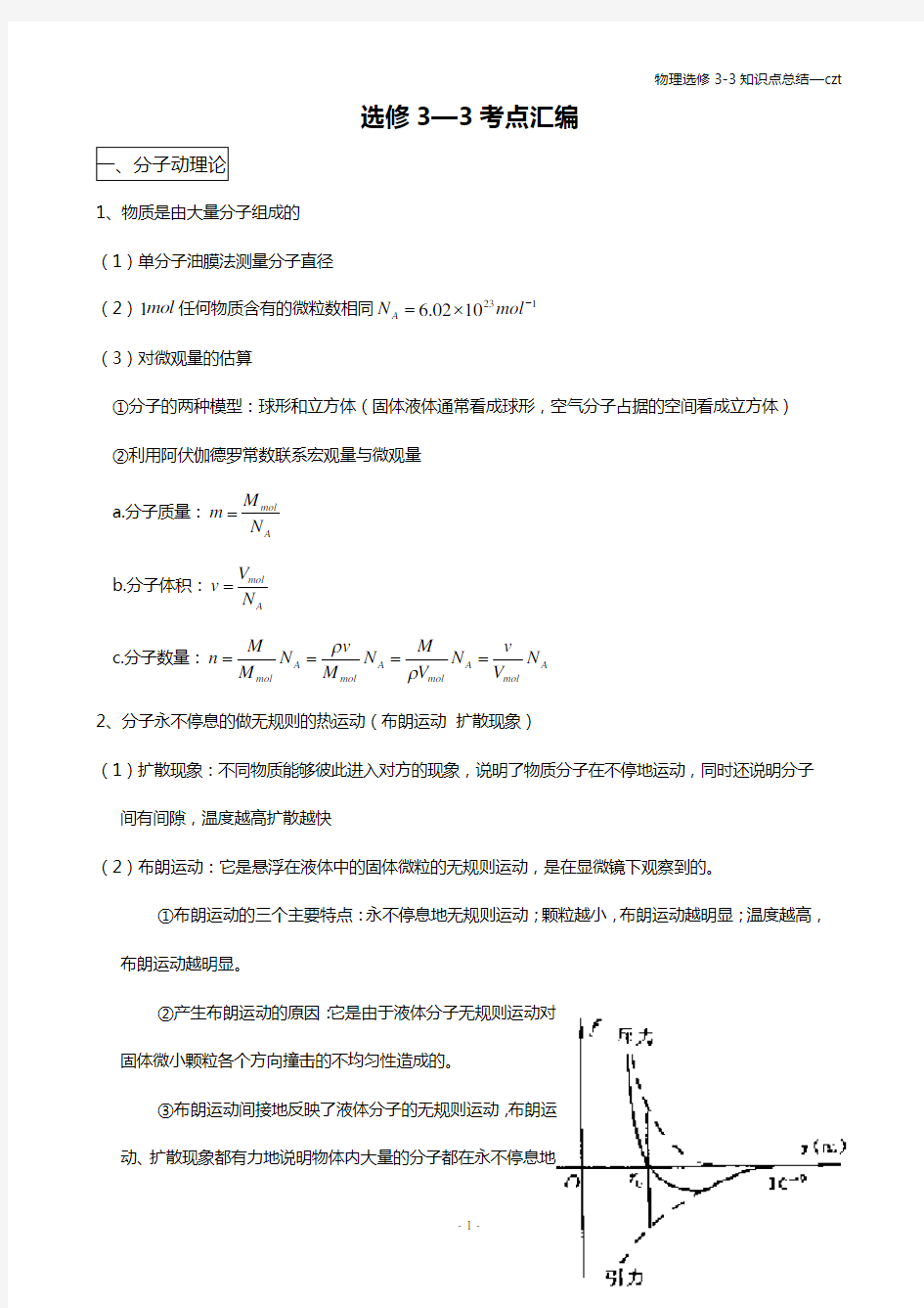 高中物理选修3-3知识点整理