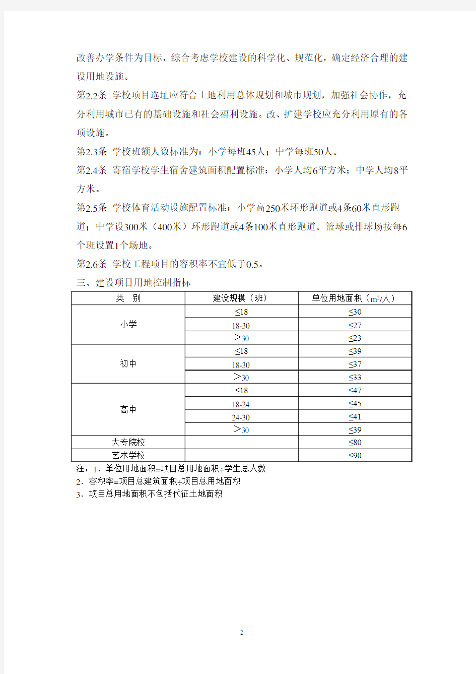 浙江省学校建设项目用地控制指标
