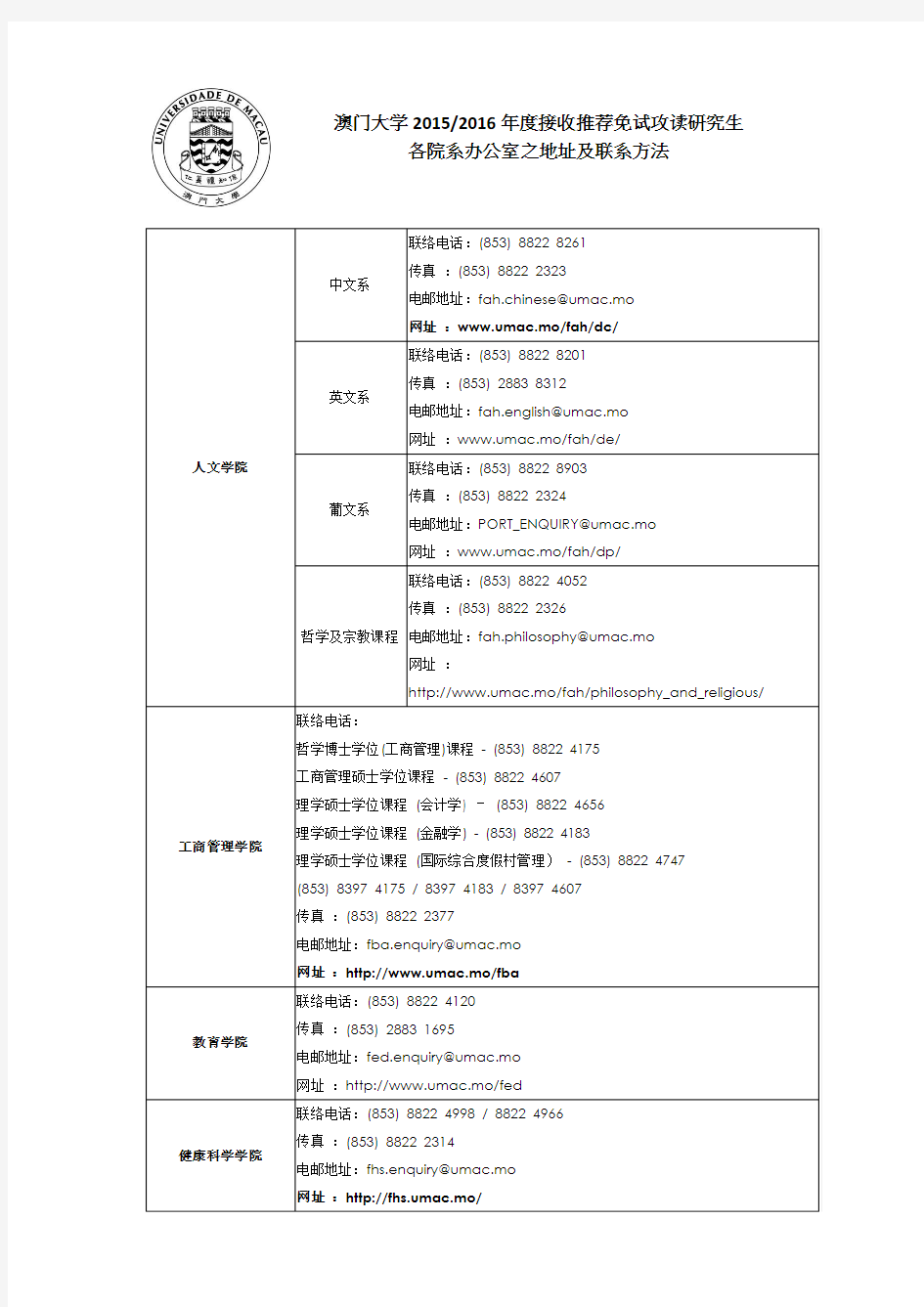 澳大各院系联系方式