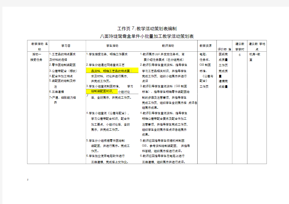 数控专业一体化教学活动策划表