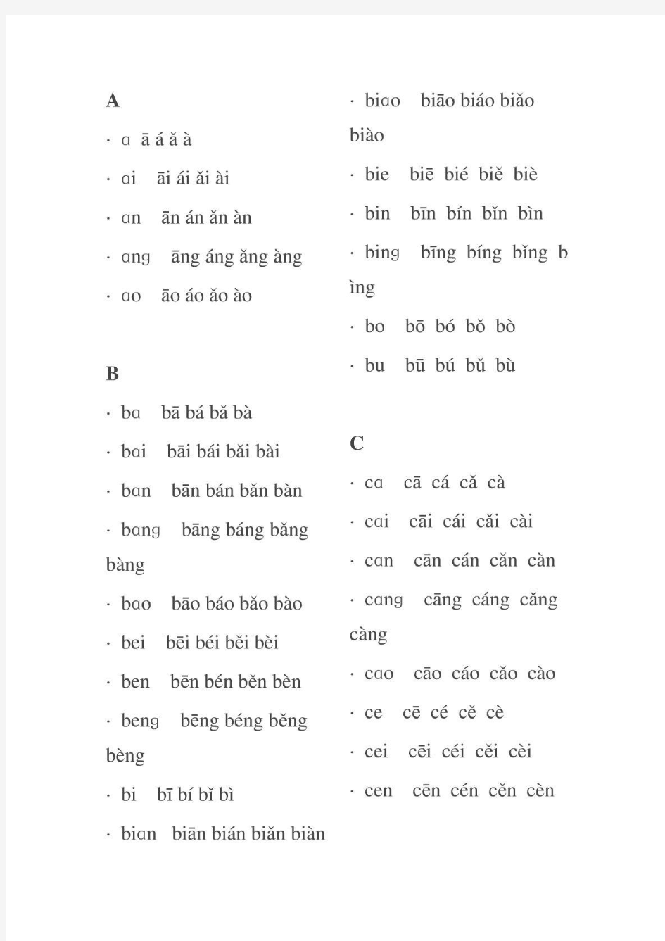汉语拼音声调表