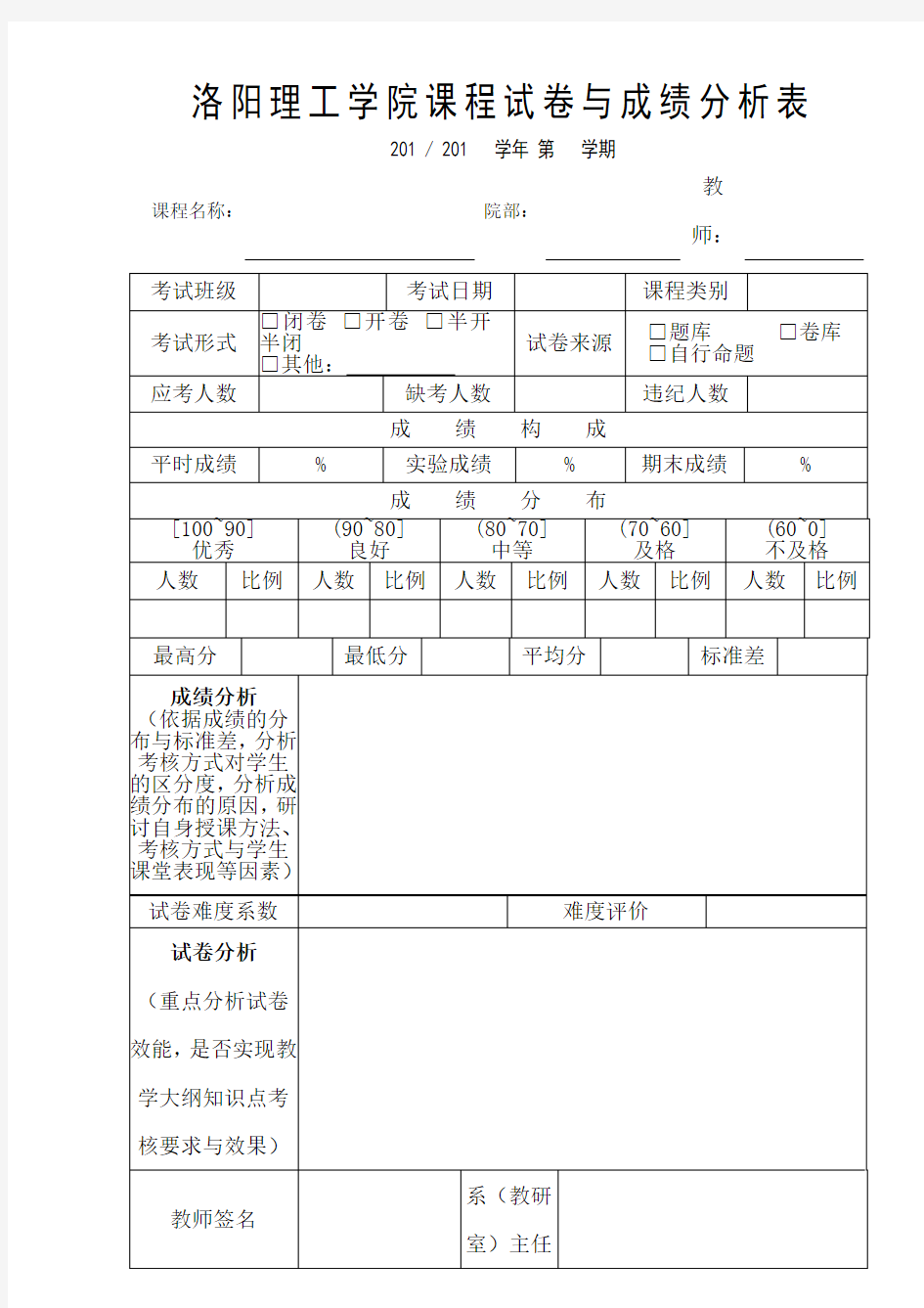 洛阳理工学院课程试卷与成绩分析表