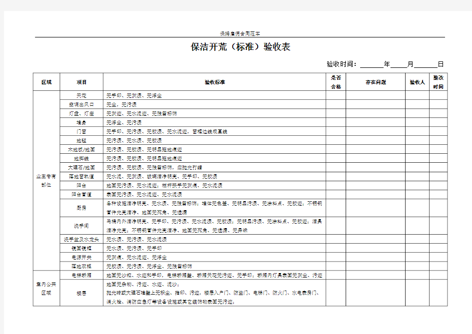 保洁开荒(标准)验收表