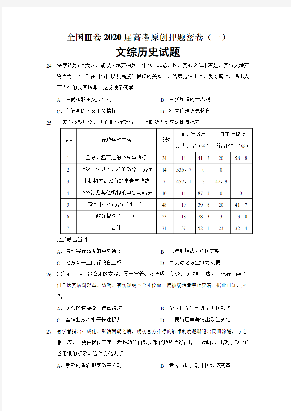 复习试题：2020届高考全国Ⅲ卷原创押题密卷(一)文综历史试题