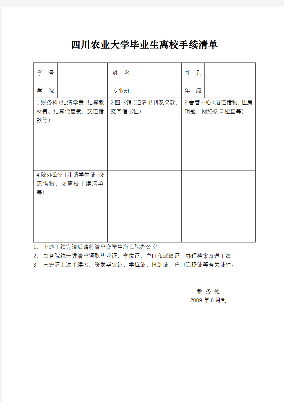 四川农业大学毕业生离校手续清单【模板】