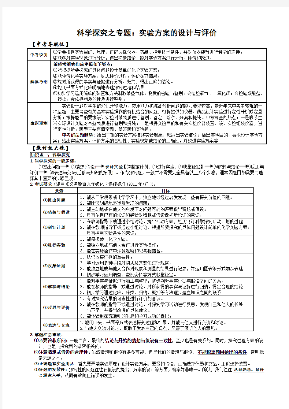 2017年中考化学专题复习：实验方案的设计与评价