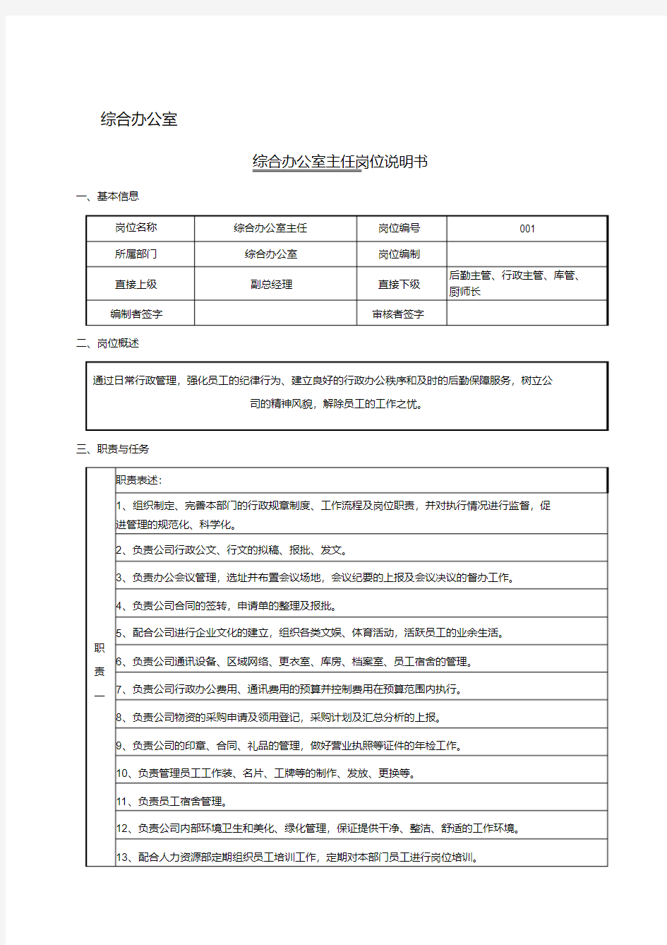 综合办公室各岗位职责