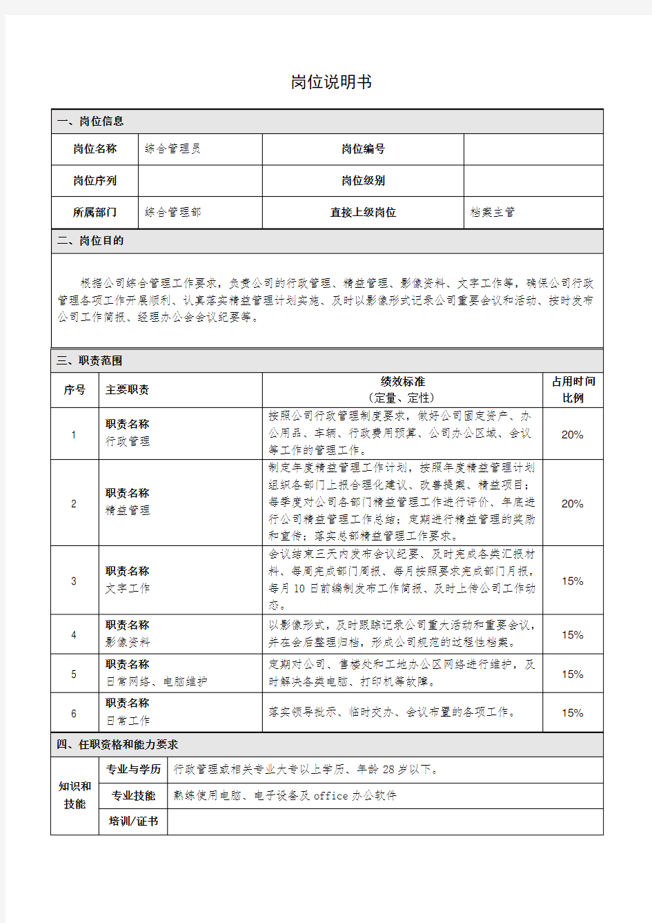 综合管理员岗位说明书