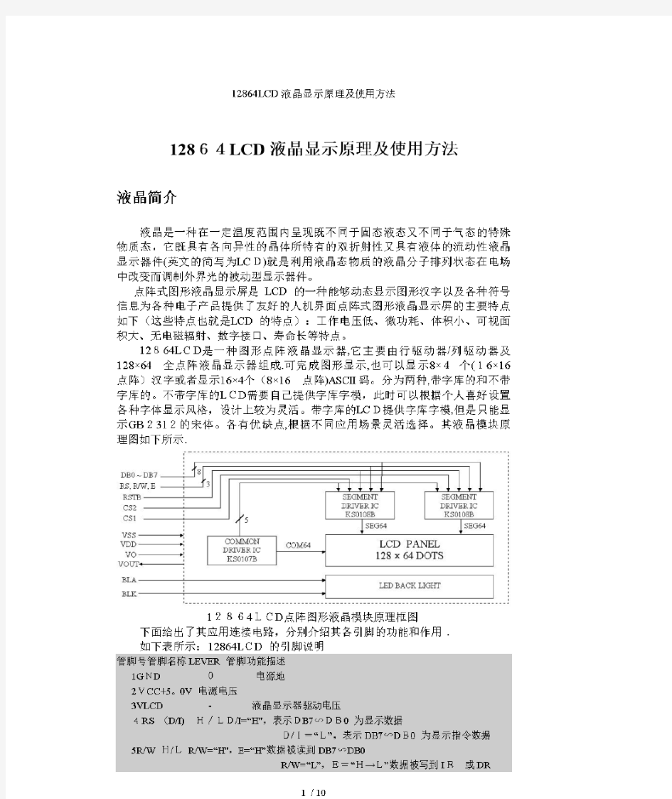 12864LCD液晶显示原理及使用方法