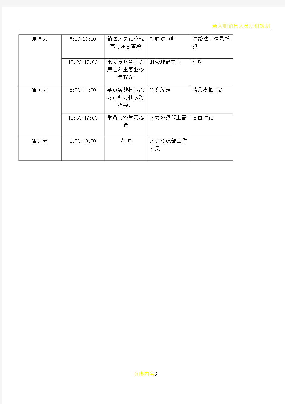 新入职销售人员培训课程表