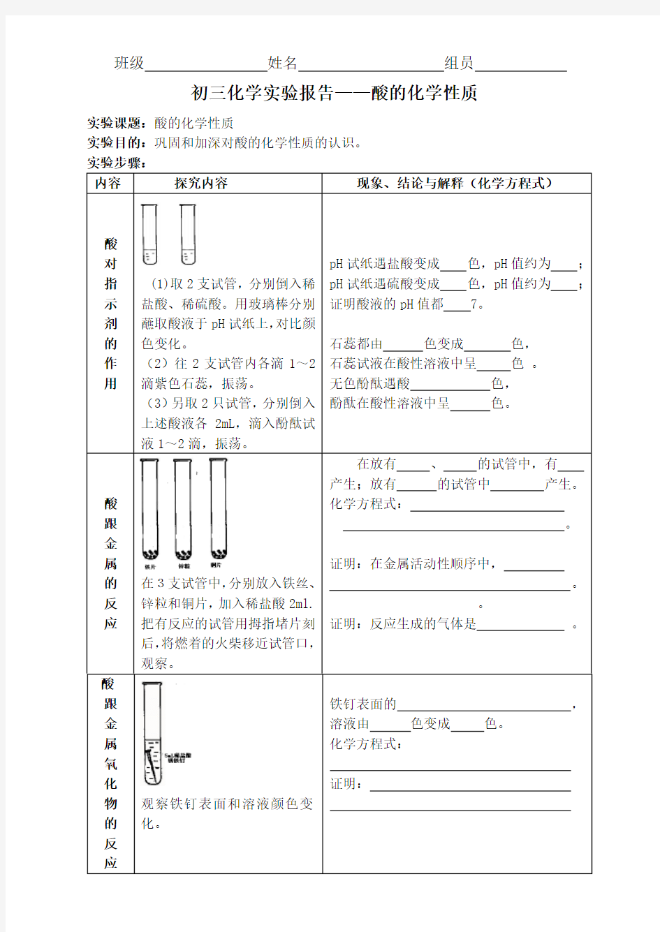 酸的化学性质实验报告