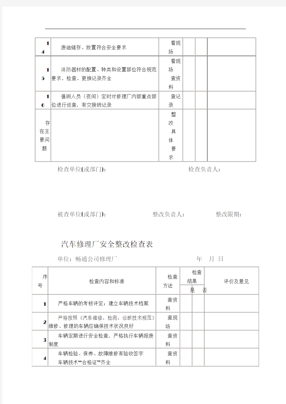 修理厂现场安全检查记录表