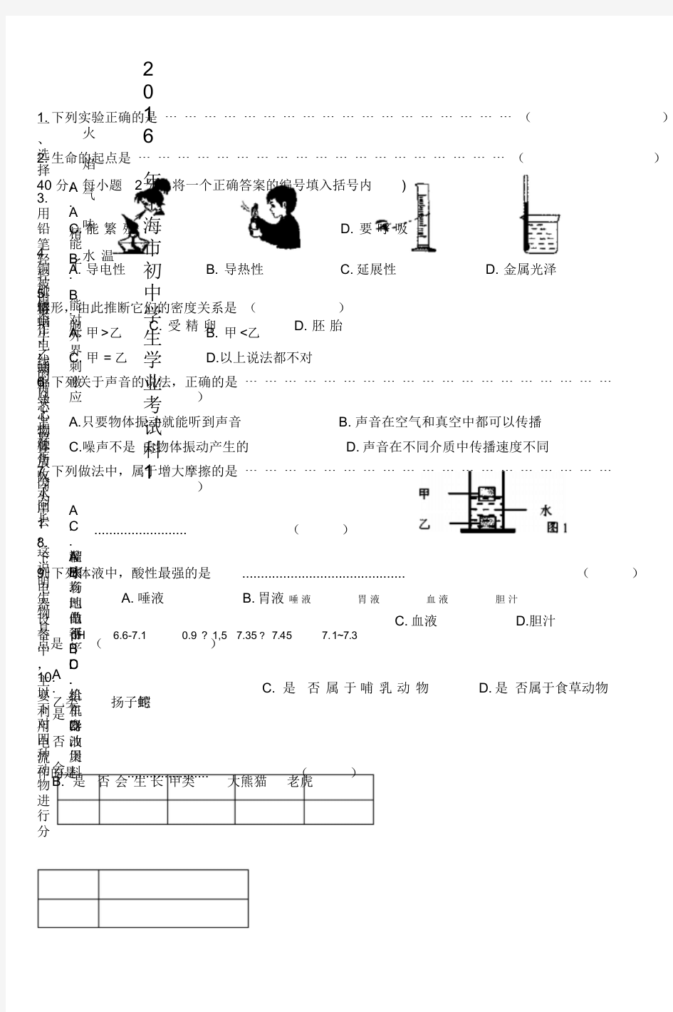 2016年上海市初中学生科学学业考试试卷1