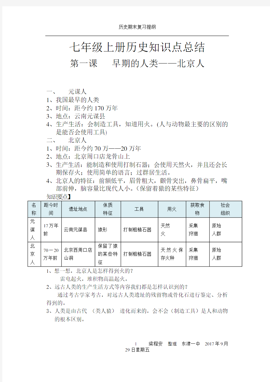 2018人教版七年级历史上册知识点总结