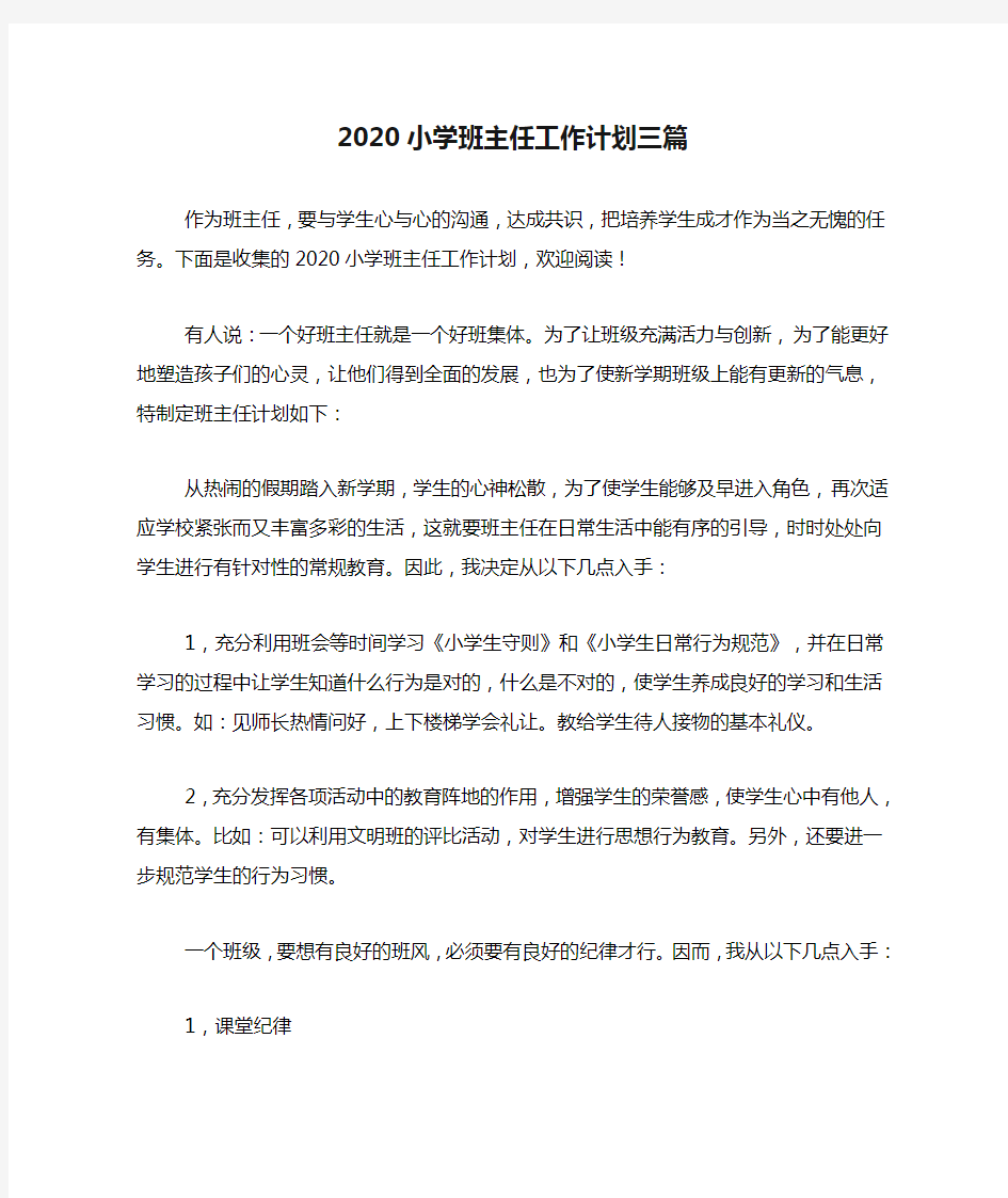 2020年2020小学班主任工作计划三篇