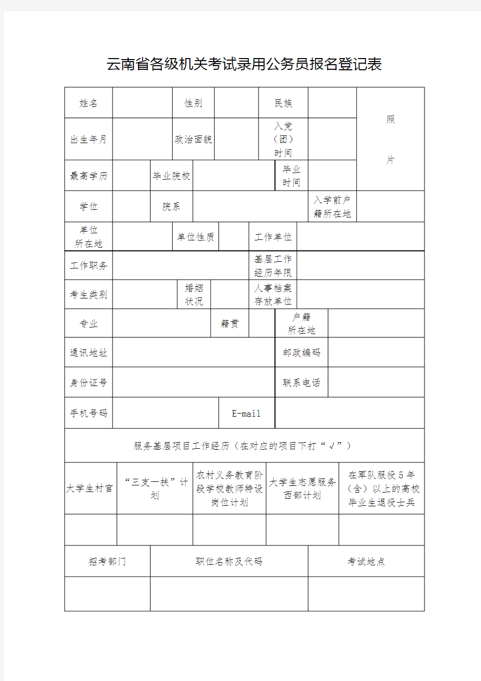 云南省各级机关考试录用公务员报名登记表【模板】