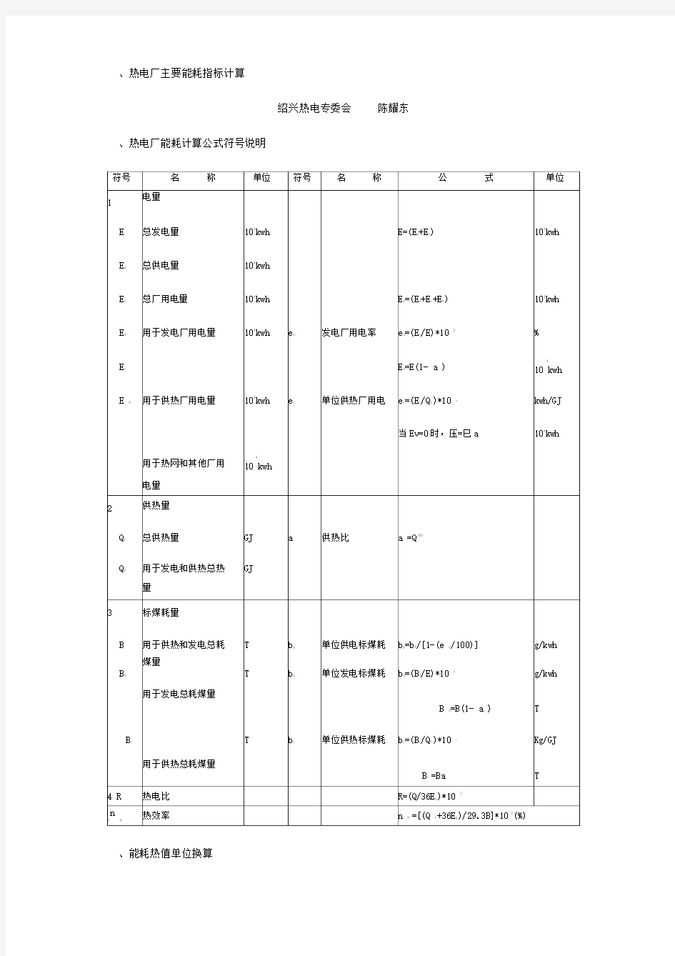 热电厂主要能耗指标计算