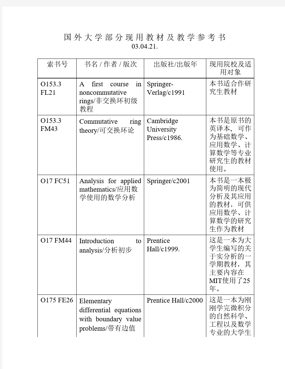 国外大学部分现用教材及教学参考书