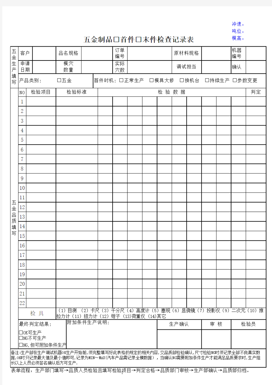 五金制品首件末件检查记录表