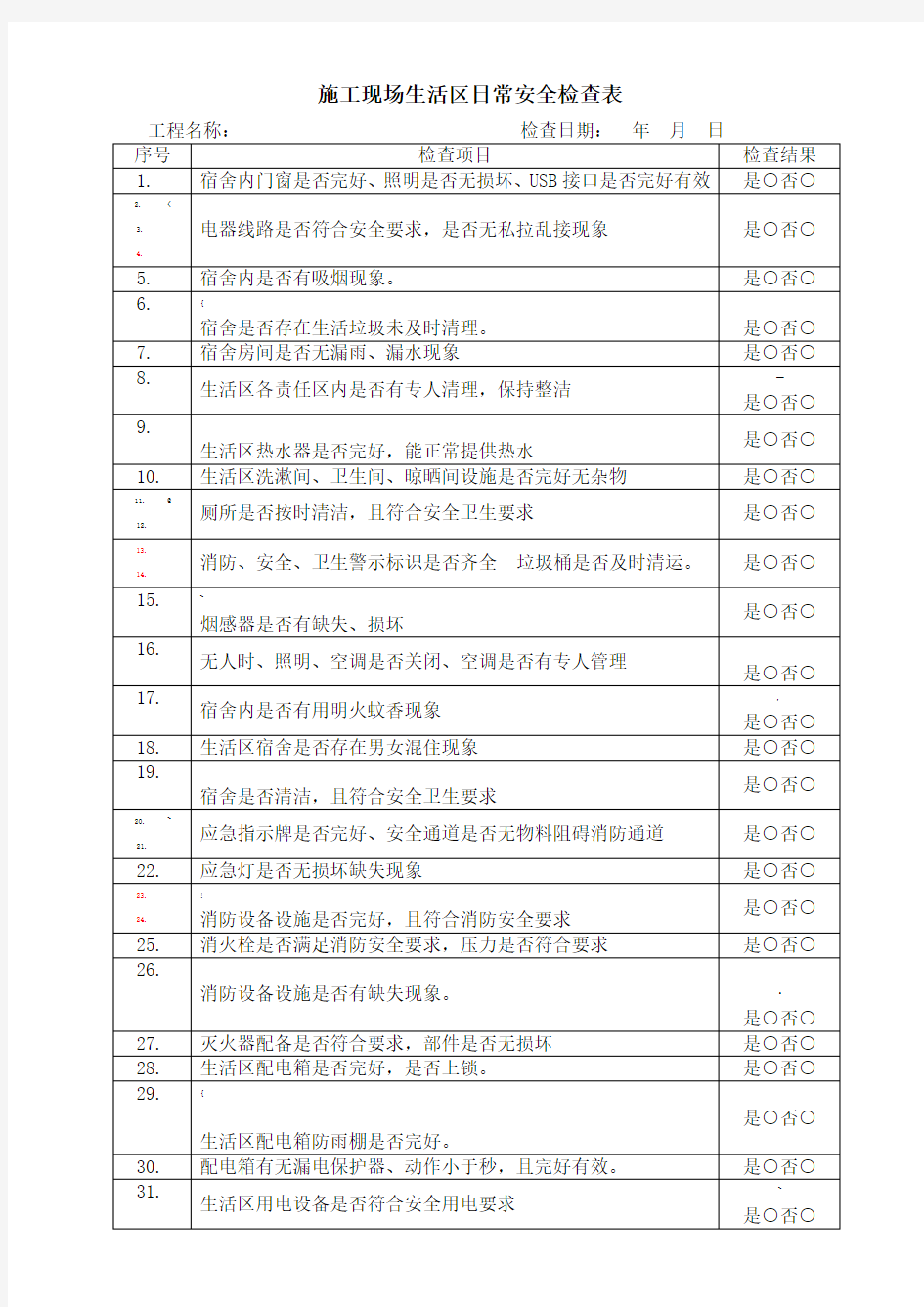 施工现场生活区日常安全检查表