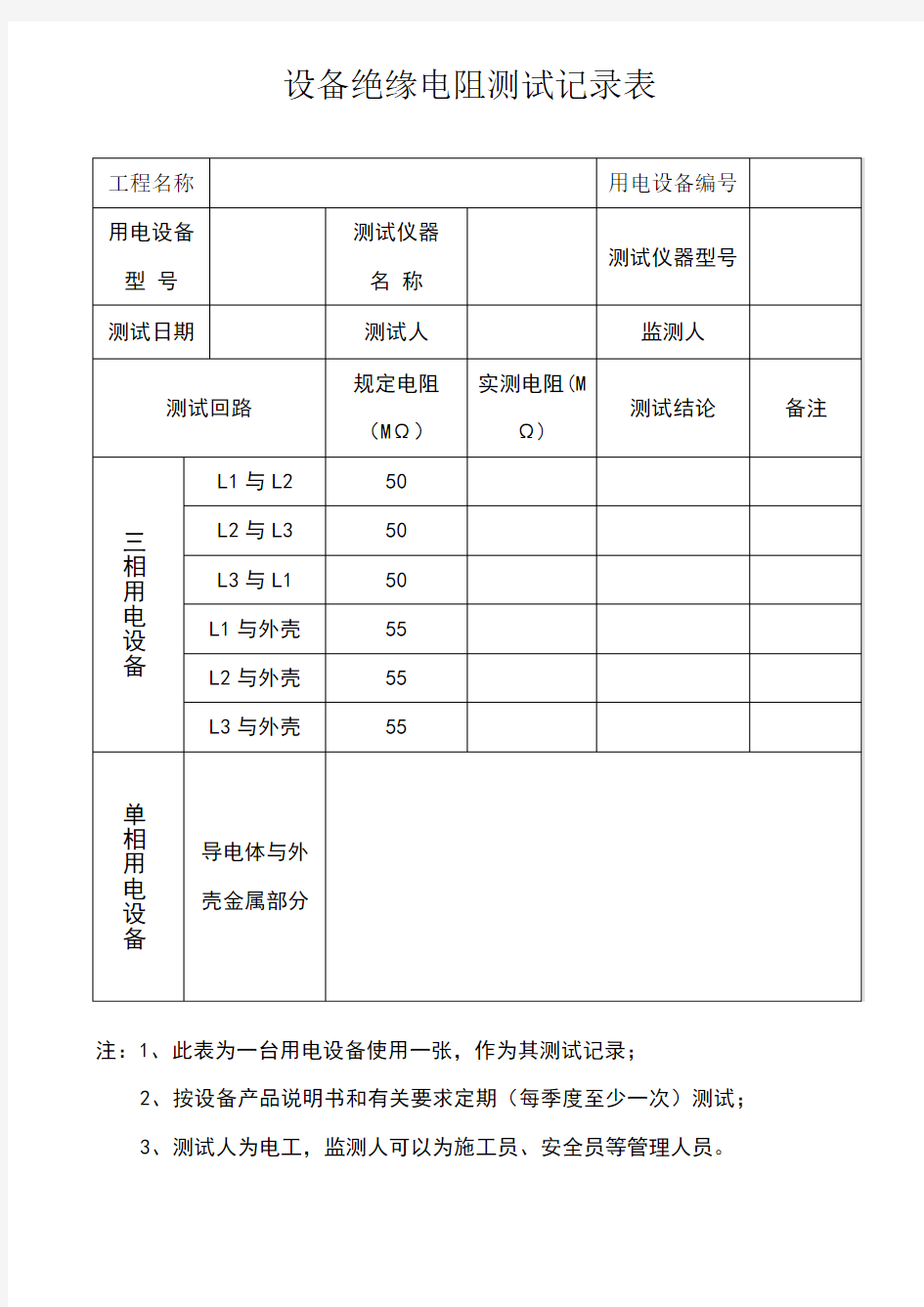 设备绝缘电阻测试记录表