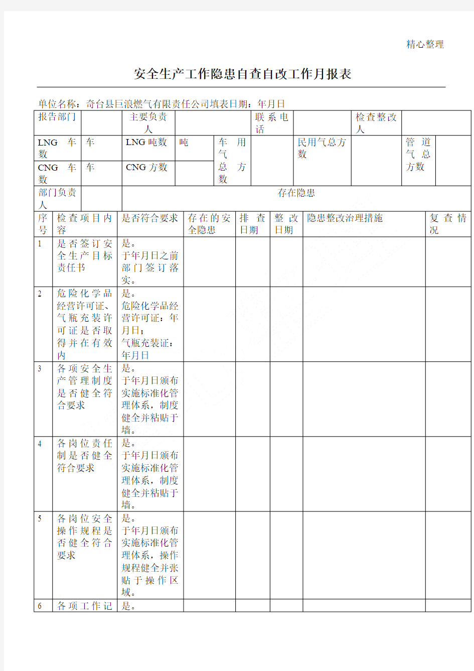 安全生产工作隐患自查自改工作月报表格模板