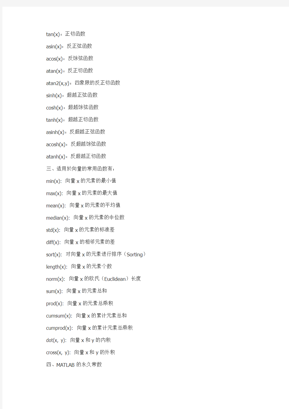 (完整版)MATLAB常用函数大全