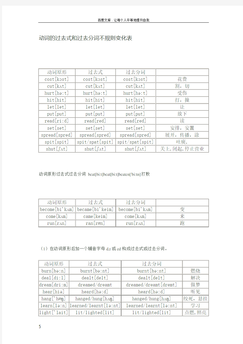 动词过去式和过去分词表