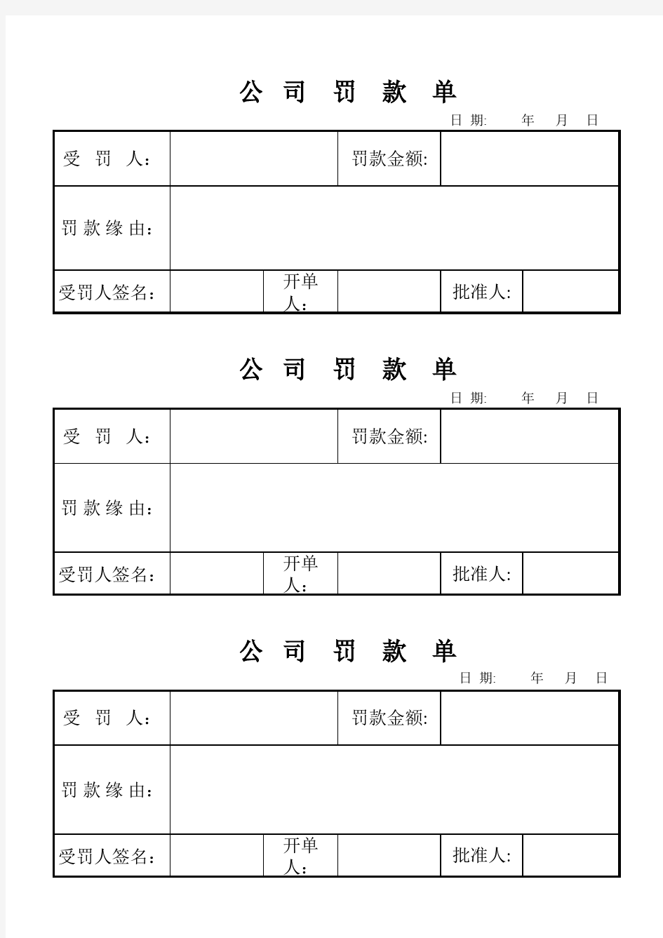 公司罚款单格式