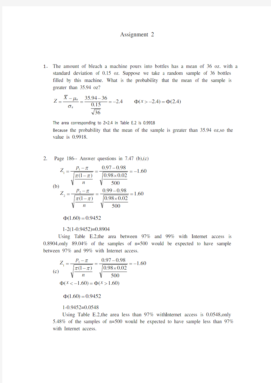 商务统计学Assignment 2 (附答案)