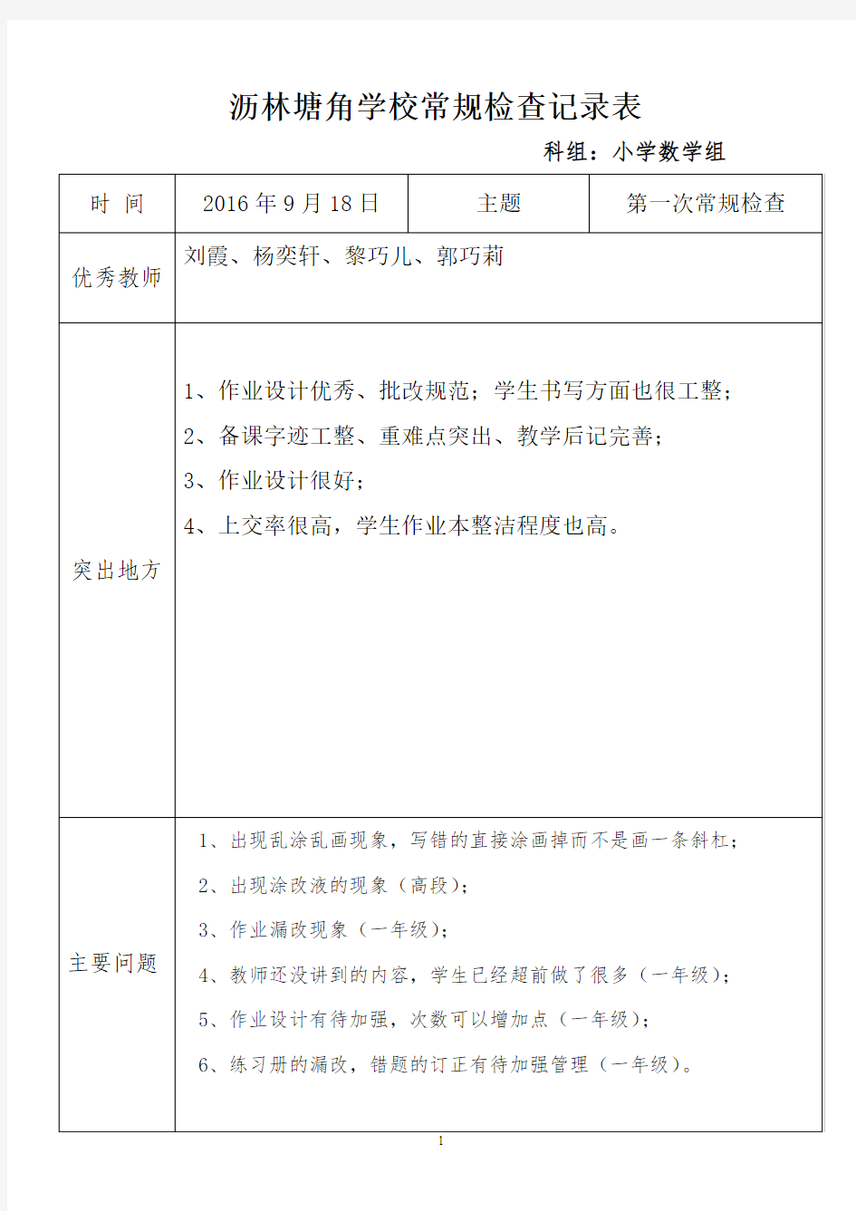 小学数学组第一次常规检查记录表