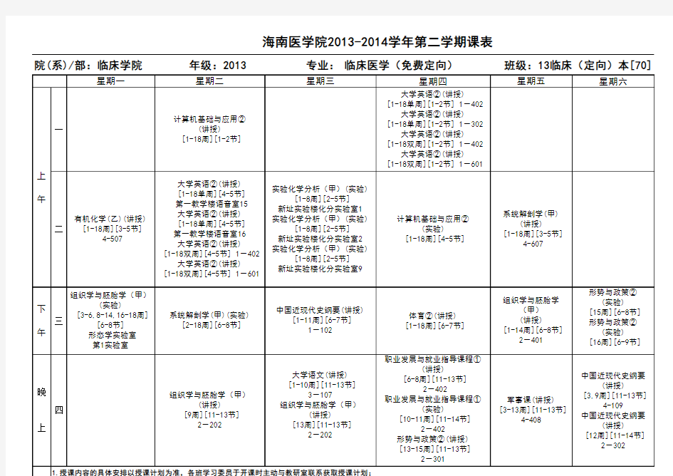 医学生大一下学期课表