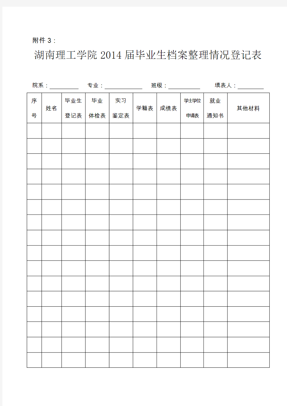 湖南理工学院2014届毕业生档案整理情况登记表