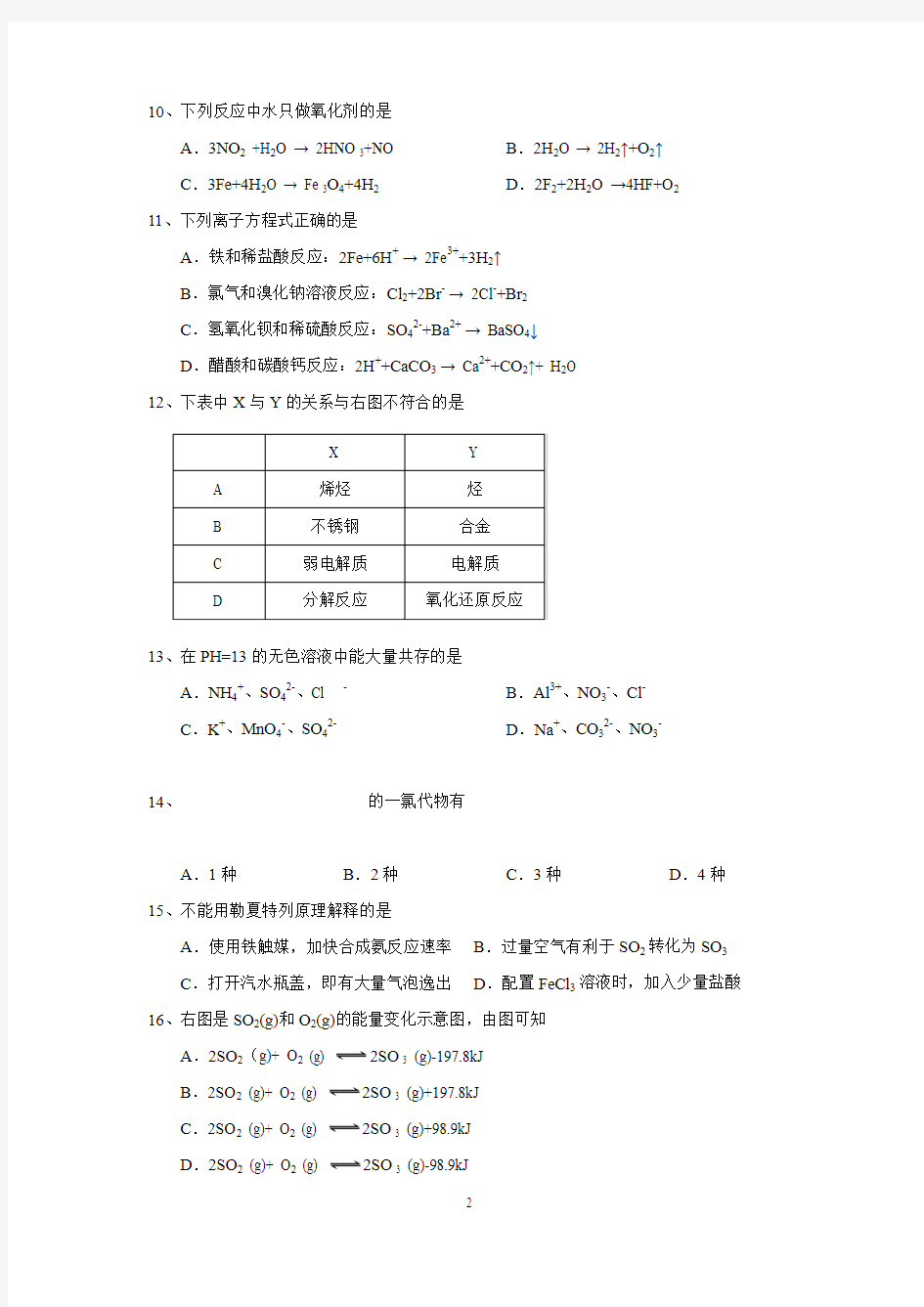 2015年上海市高中学业水平考试(化学)