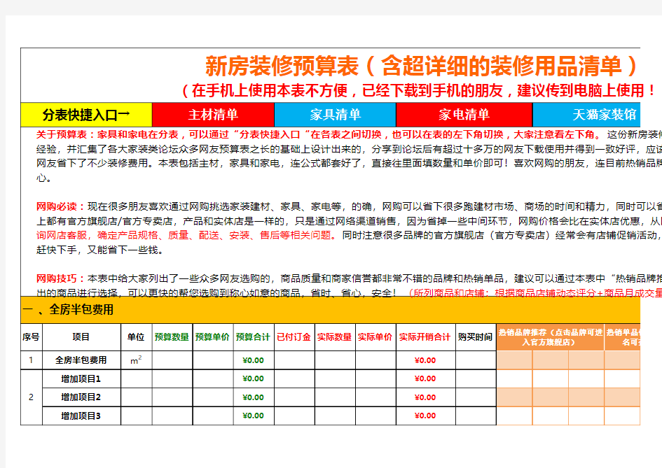 新房装修预算表(含超详细的装修用品清单)