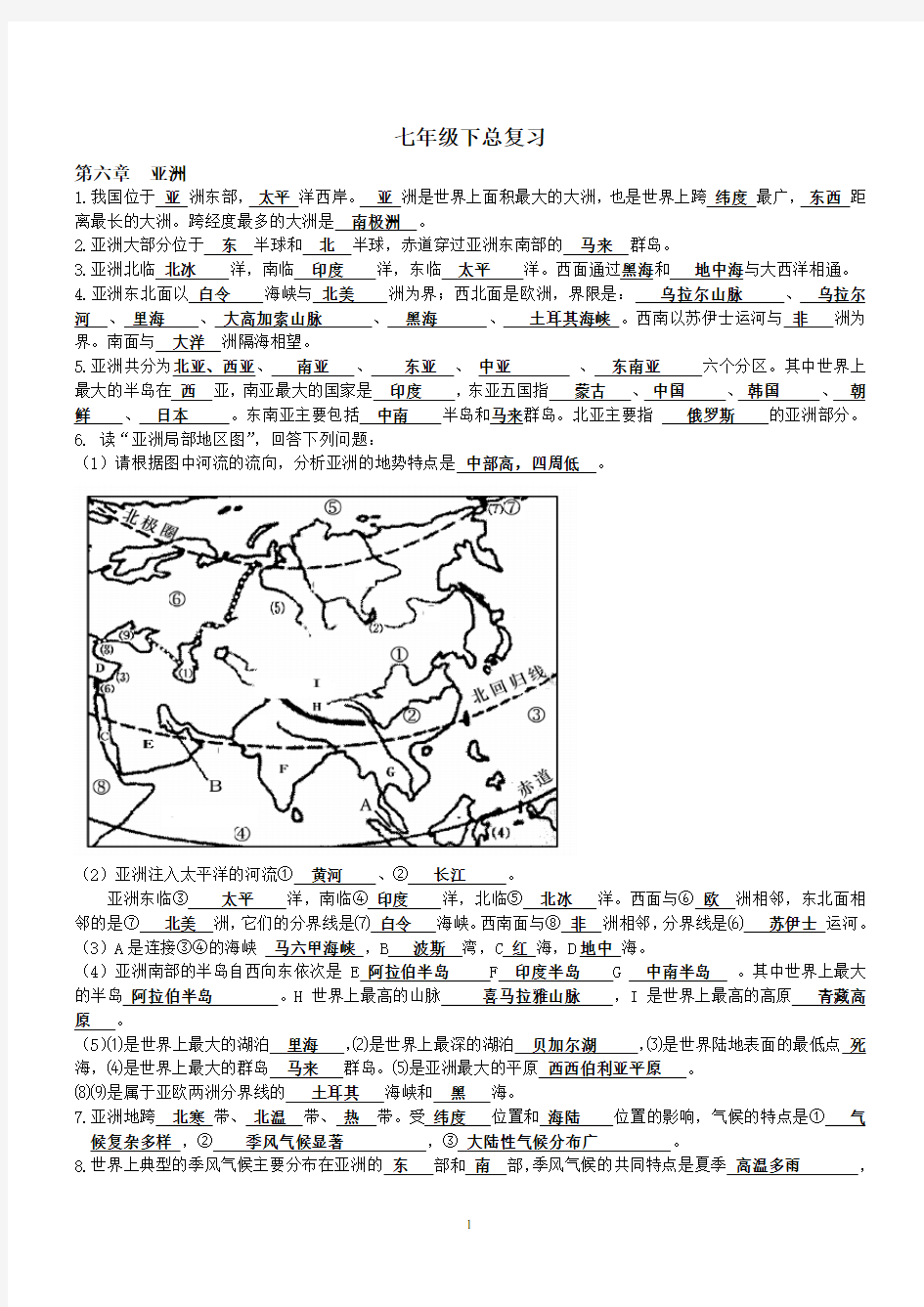 七年级下册地理知识点汇总(精华打印版)