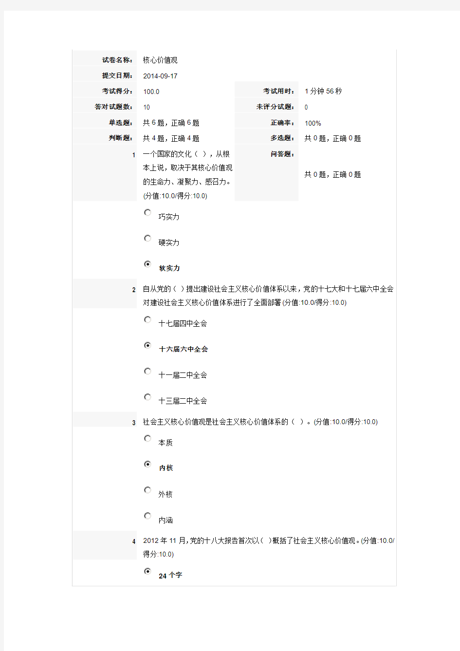 核心价值观——安徽干部教育在线《培训和践行社会主义核心价值观》必修课试卷