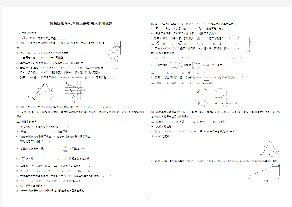 鲁教版初二数学七年级上册期末测试题