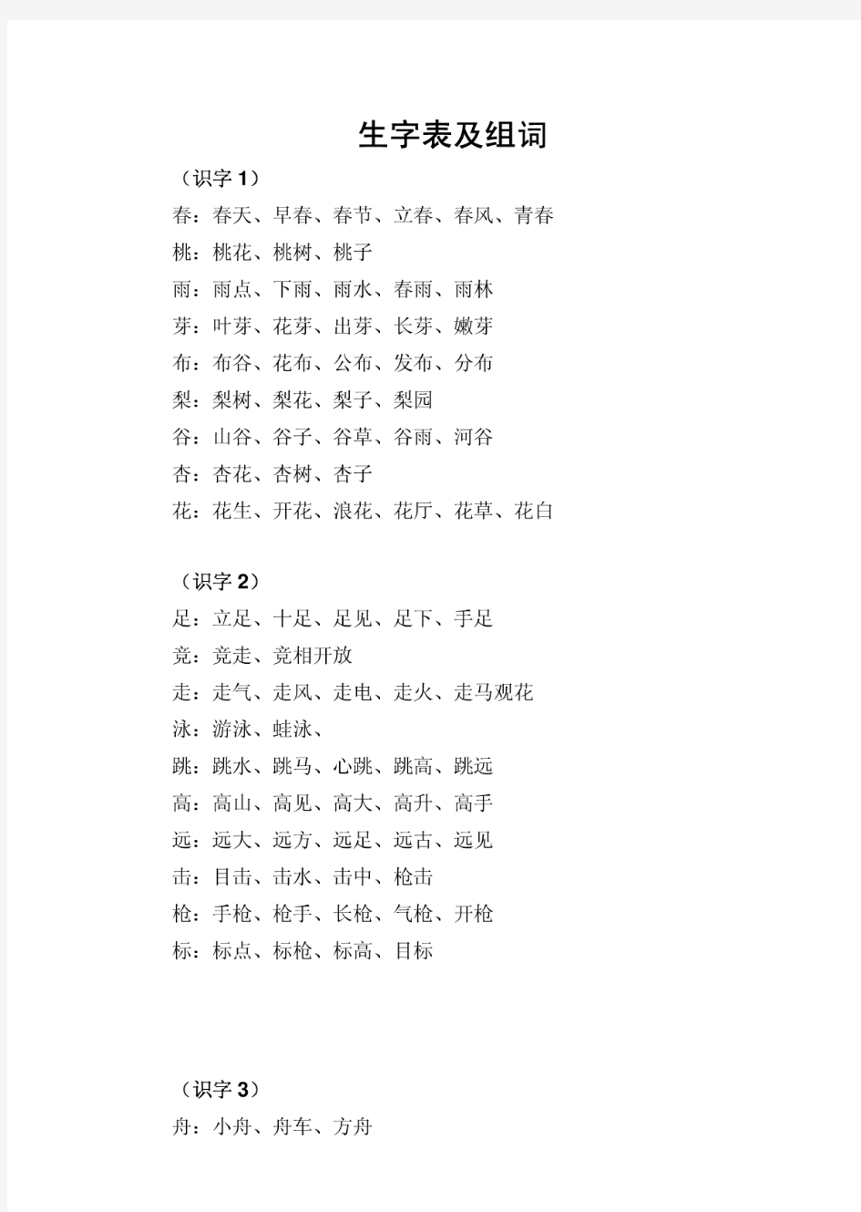 苏教版小学一年级语文下册生字表组词及偏旁归类