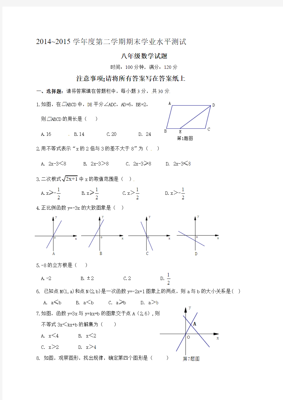 鲁教版山东菏泽市2014—2015年第二学期八年级数学期末测试题及答题卡答案