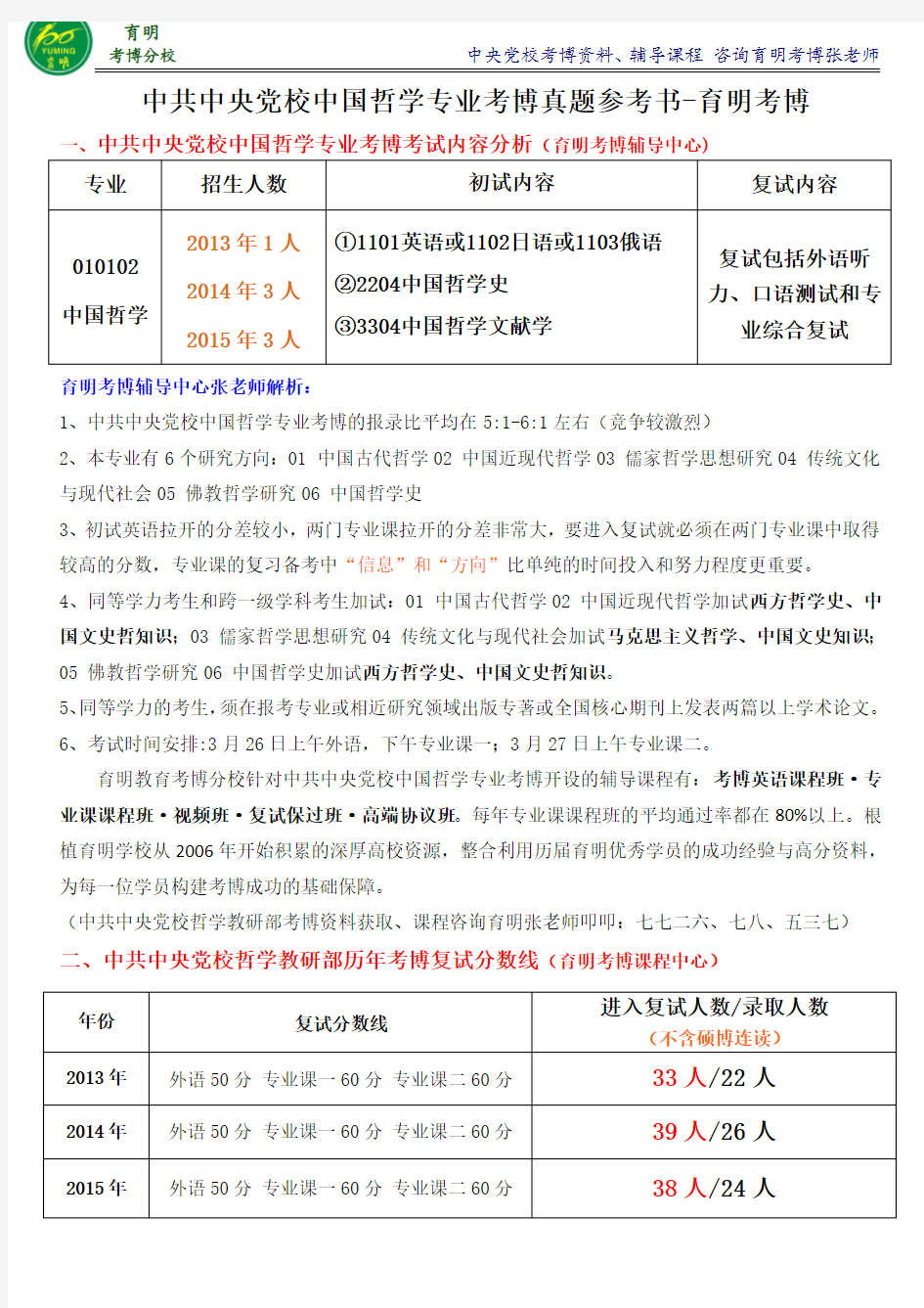 党校中国哲学专业考博真题考试内容复习资料参考书-育明考博