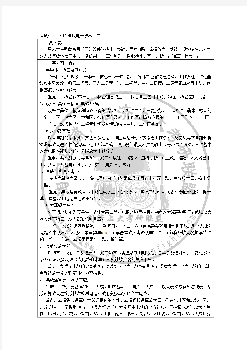 2015上海大学912模拟电子技术(专)考试大纲