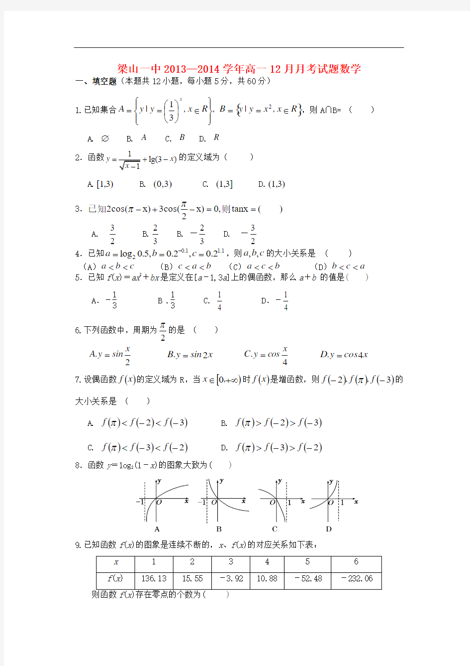 2013-2014学年高一数学12月月考 及答案(新人教A版 第49套)