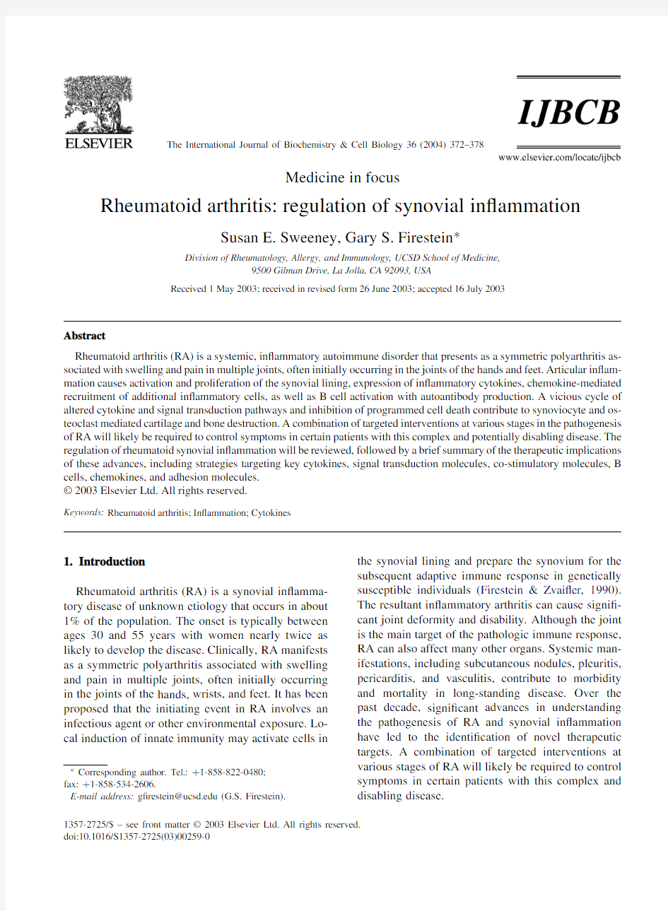 Rheumatoid arthritis regulation of synovial inflammation